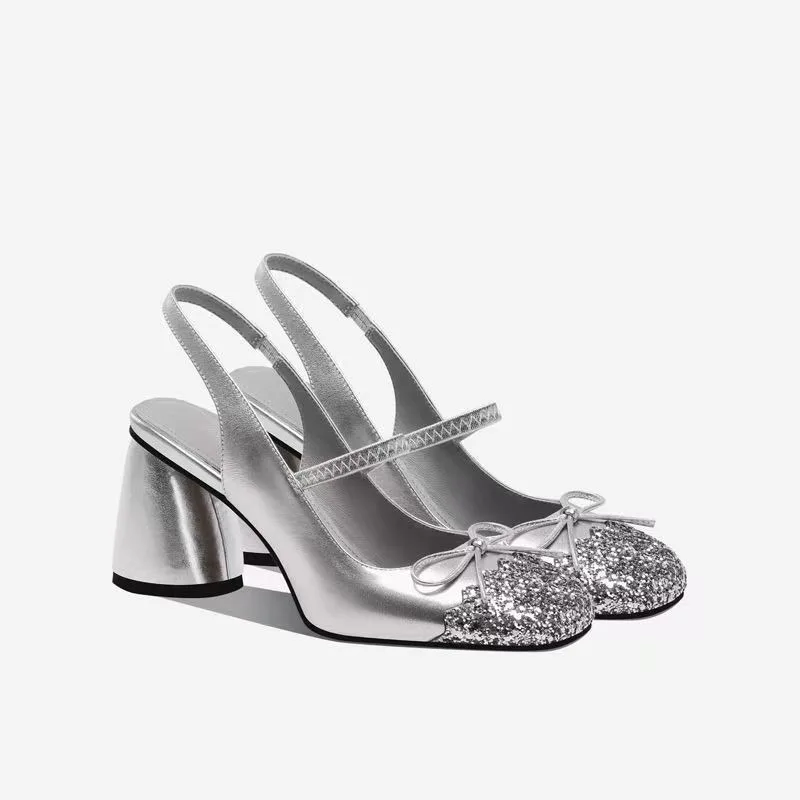 Silver Sequin Wrapped-Toe Sandals Women's Outwear 2026 Summer New Block Heel Women's Bow Mary Jane Heels