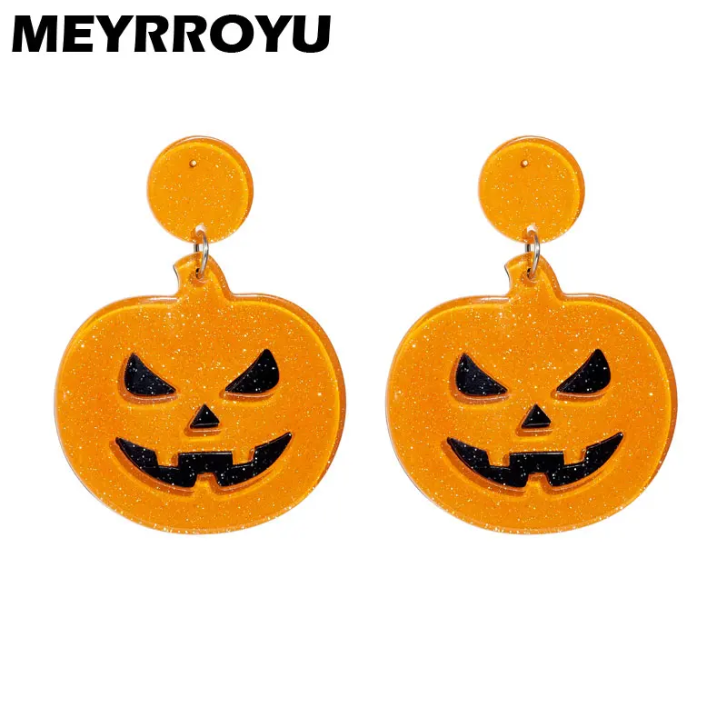 MEYRROYU New Acrylic Halloween Pumpkin Dangle Earrings For Women Shiny Lantern Skull Street Party Cosplay Jewelry Cute Weird