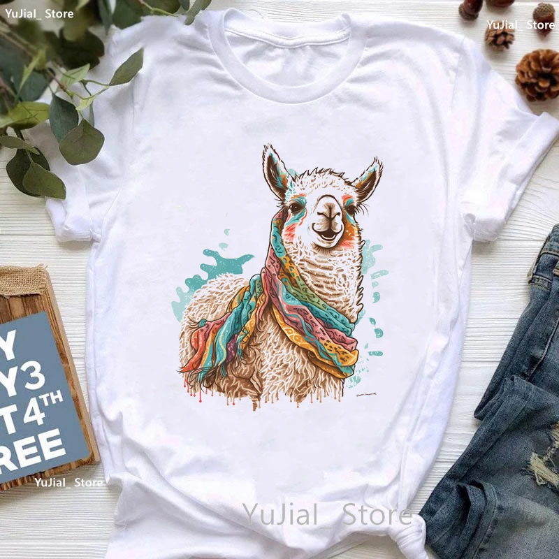 

Watercolor Llama Animal Print T Shirt Women Mouse Traveler/Deer/Dolphin Tshirt Femme White Casual Short Sleeve T-Shirt Female