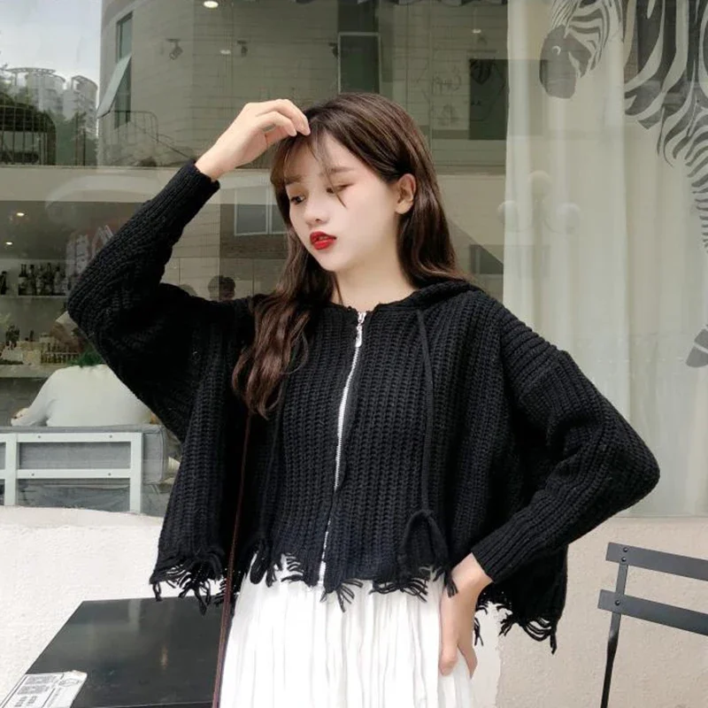 2024 New Tassel Sweater for Women Lazy Loose Hooded Short Knitted Cardigan Ladies Casual Zipper Long Sleeve Knit Cardigans Coat