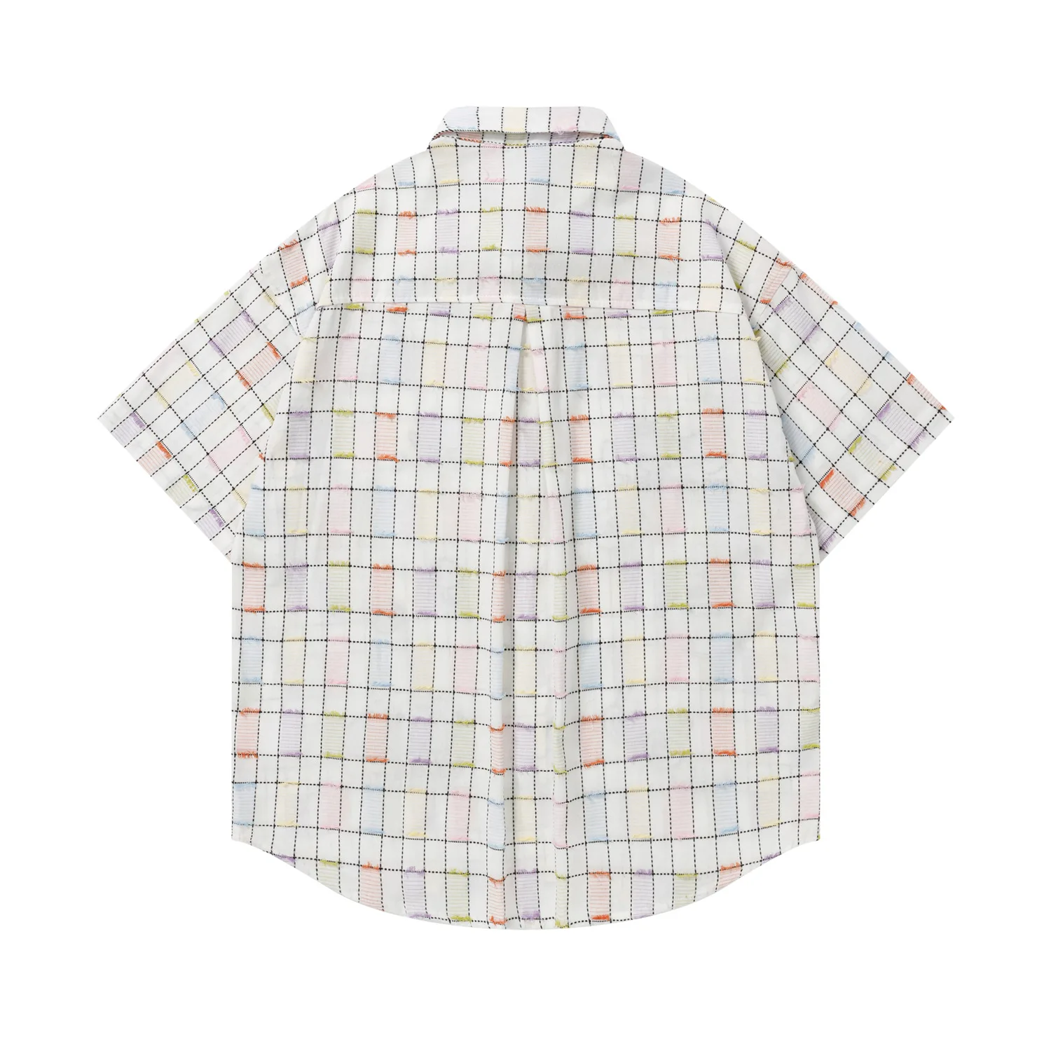 Cargo Checkered Patchwork Short Sleeve Shirts Mens Cartoon Embroidery Streetwear Summer Lapel Single Breasted Half-Sleeve Shirts