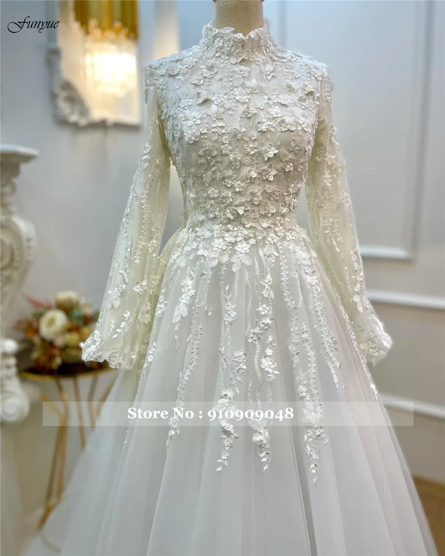 Funyue High Neck A Line Princess Wedding Dresses For Women 2025 Bride Full Sleeves Lace 3D Flowers Elegant Bridal Party Gown