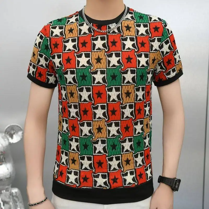 

Сетчатая дышащая футболка со звездным принтом для мужчин с коротким рукавом, эластичная летняя качественная ледяная крутая облегающая футболка в европейском стиле, повседневные Camisetas