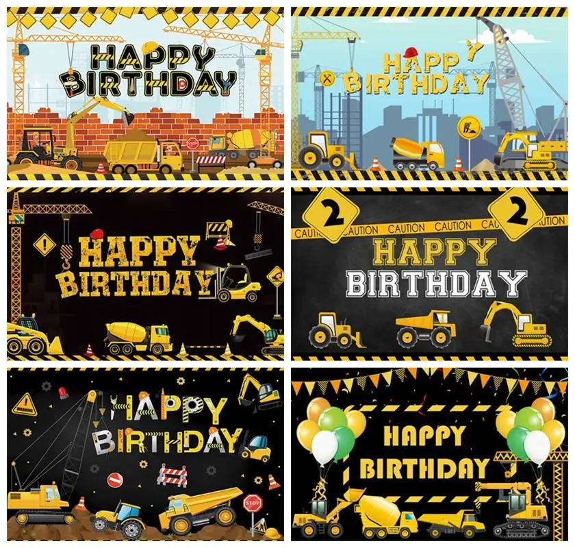 

Laeacco Construction Birthday Backdrop Architectural Theme Cartoon Truck Crane Baby Kids Portrait Custom Photography Background