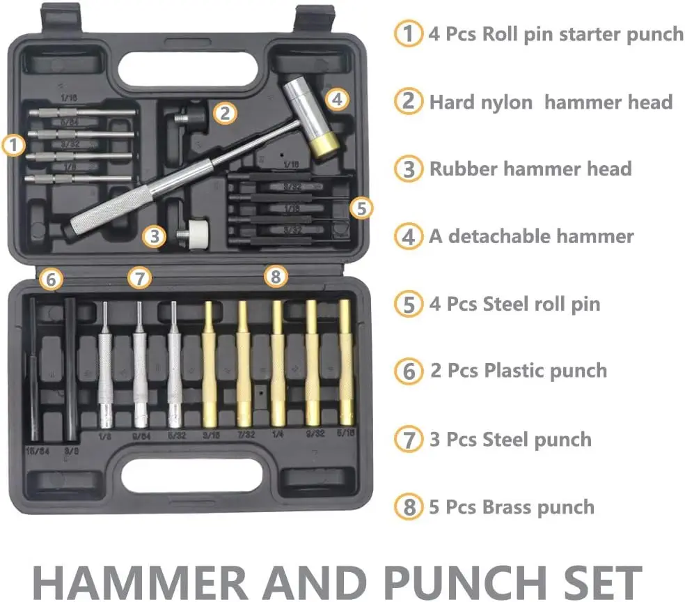 Punch Set, Pin Punches Punch Tool, Roll Pin Punch Set Double-Faced Hammer Gunsmithing Punch Tools Portable Durable Hand Tool Set