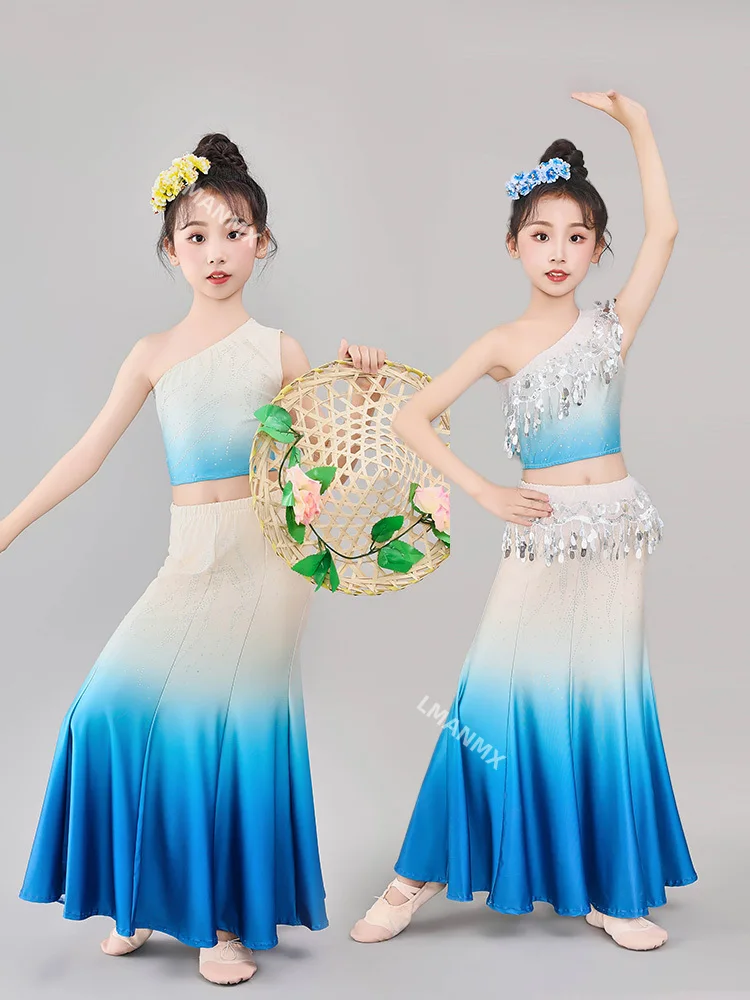 Ropa étnica Dai, disfraces de actuación infantil, danza del pavo real para niñas, nalgas envueltas y falda de cola de pez