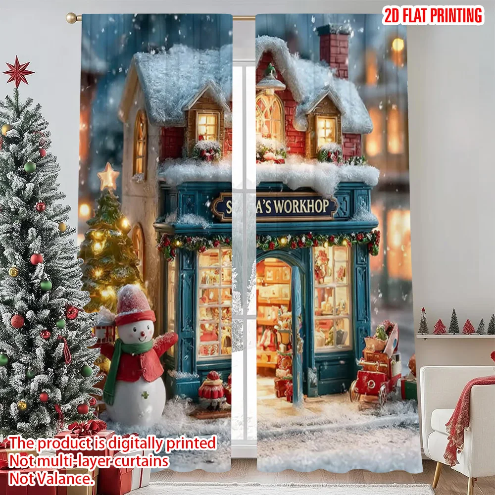 

2pcs 2D flat printing Merry Christmas Curtain Christmas toy store Versatile 100% Polyester Without Electricity Family Party