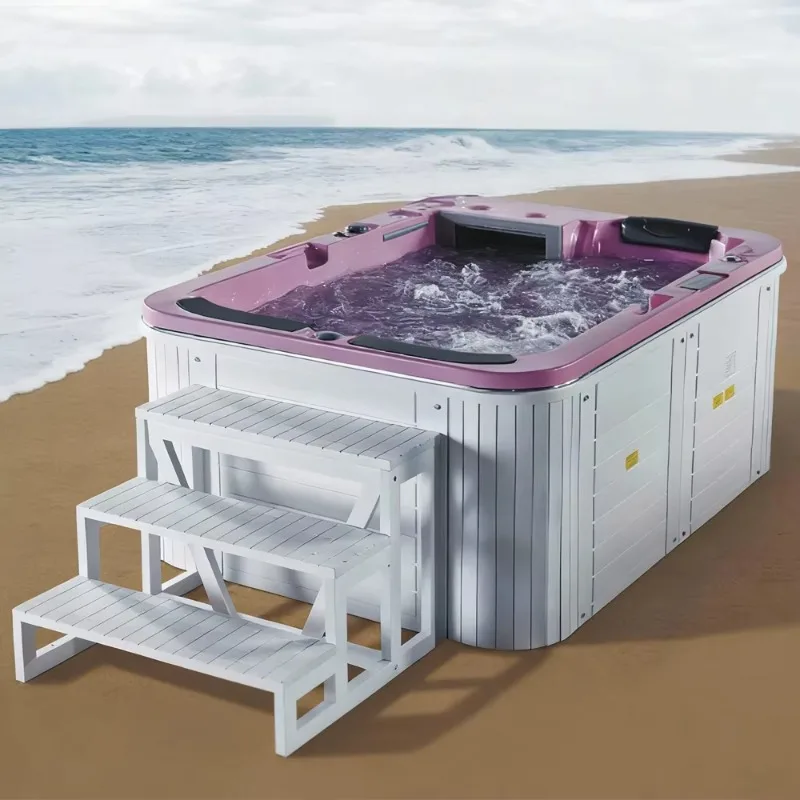 Rectangular acrylic jacuzzi tub with outdoor spa pool for 3 people, featuring intelligent heating system.