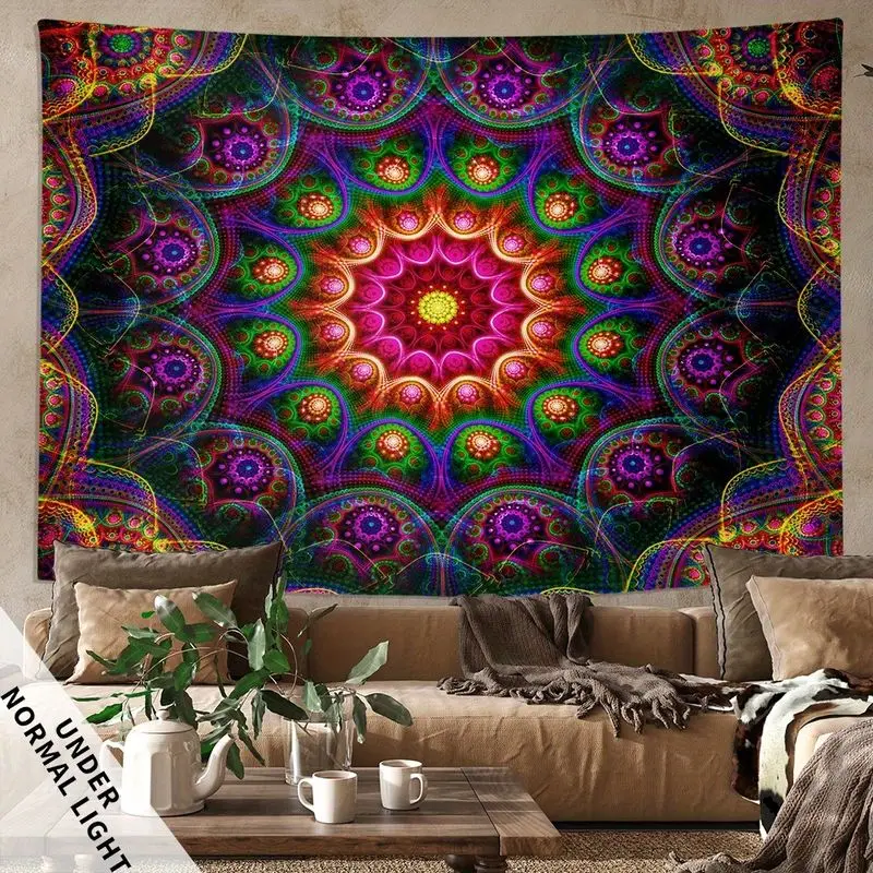 VIKAMA UV Blacklight Mandala Tapestry Neon Pink Blue Kaleidoscope Psychedelic Wall Hanging Glow Dorm Bedroom Backdrop Decor