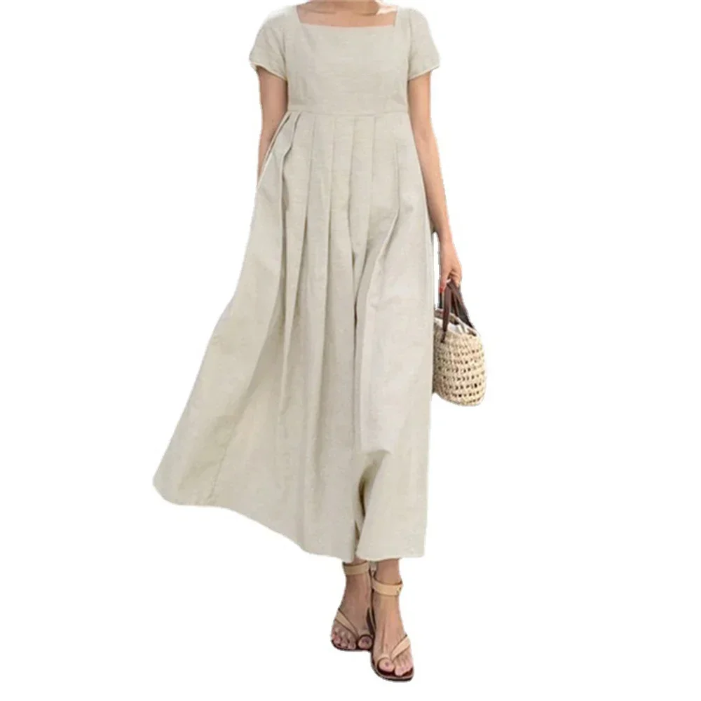 Elegantes Baumwoll-Leinen kleid mit hoher Taille Damen mit quadratischem Hals, Kurzarm, großer Saum, plissiertes, elegantes, weibliches Sommer-Pendler-Freizeit kleid
