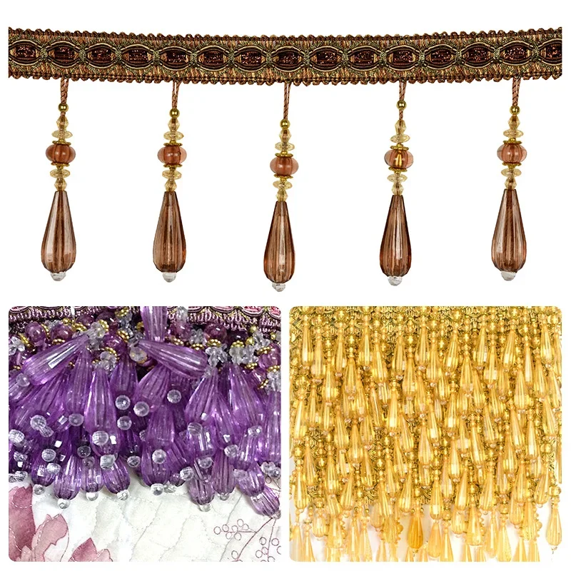 1M Crystal Bead Tassel Lace Trim Fringe for DIY Sewing Projects Upholstery Curtain Tablecloth Edge Decoration Craft Accessory