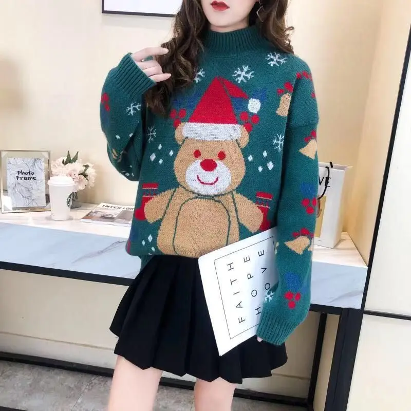 Christmas Red Cartoon Pattern Sweater Female Spring Autumn Turtleneck Knitting Bottoming Shirt Loose All-match O-neck Top Tee