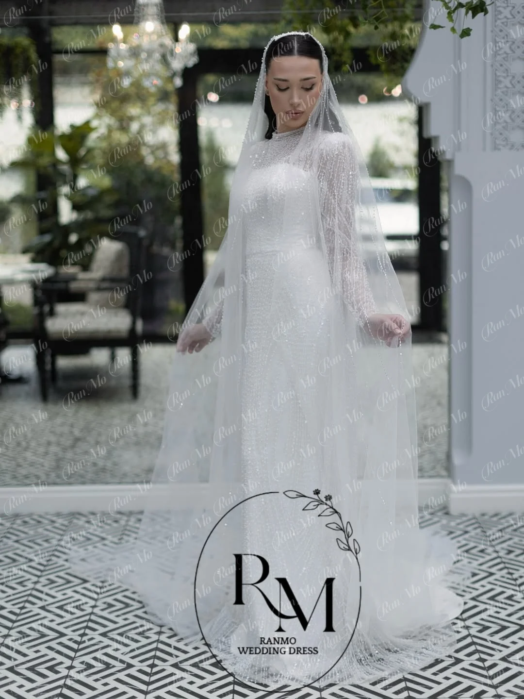 Abito da Sposa Ranmo Personalizzato con Scollo a O, Perline e Pizzo, Maniche Lunghe, Nuovo Modello 2026, Stile Sirena, Lunghezza a Terra con Strascico