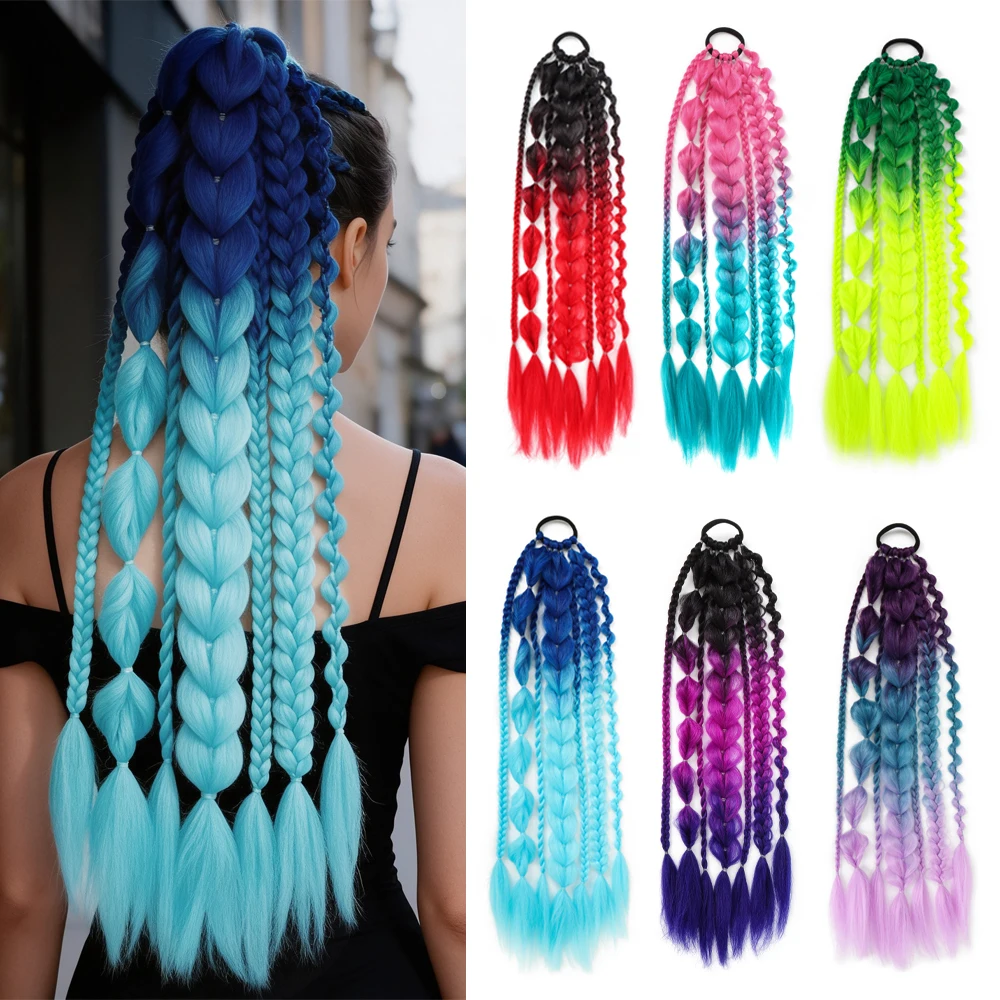 Synthetic 24Inch Colorful Ombre Bubble Twist Ponytail Extension Hand Braided Bubble Braid Elastic Rubber Band Festival Cosplay