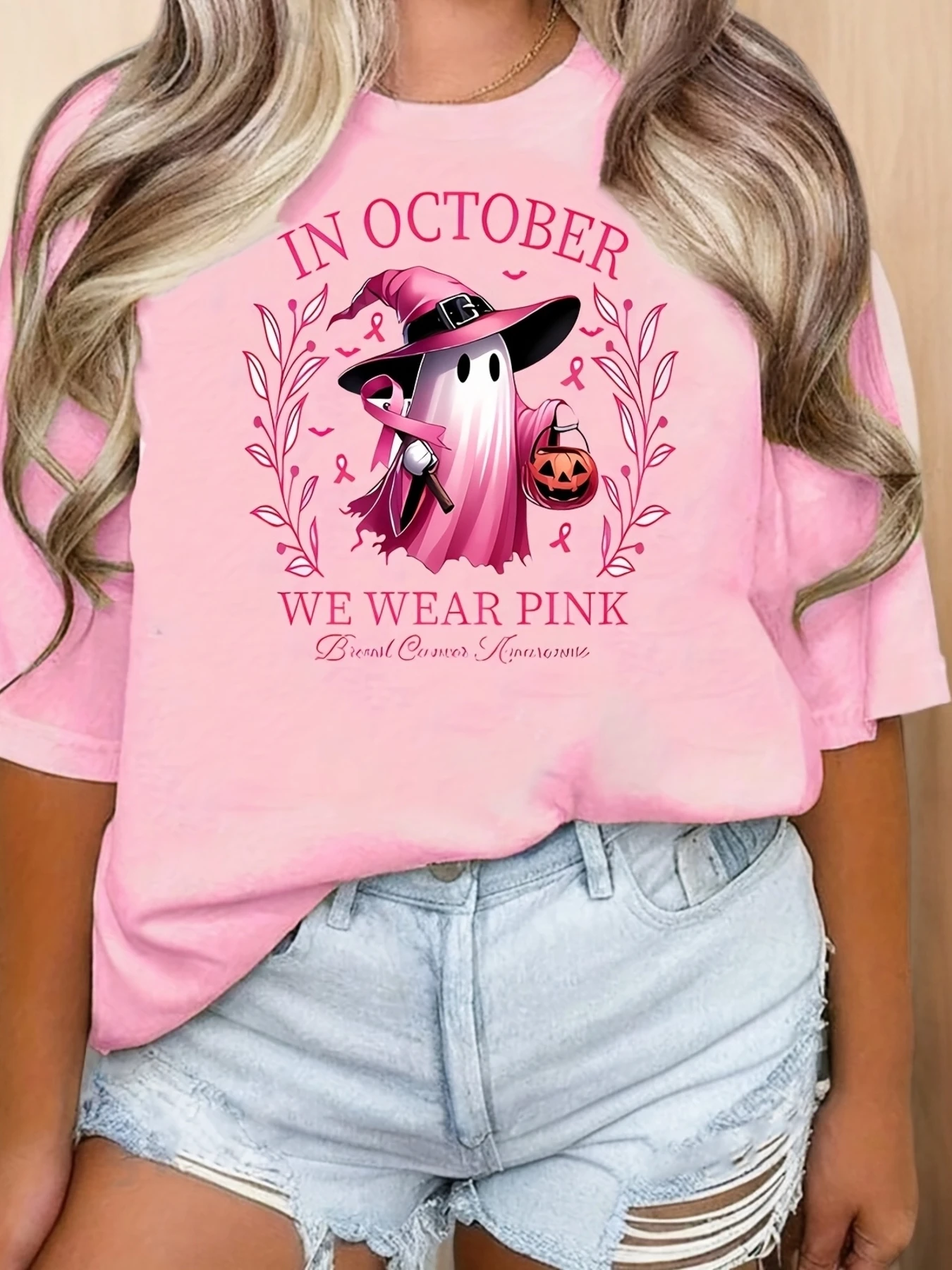 Camiseta rosa de concientización sobre el cáncer de mama, camiseta ligera de manga corta con cuello redondo para mujer, estampado gráfico de Halloween, gráficos caprichosos