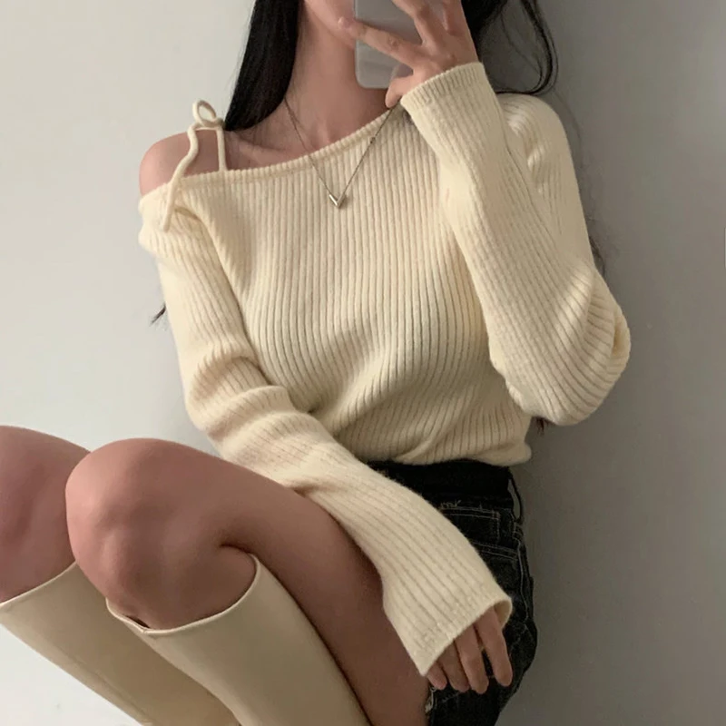 Lucyever Sexy Off Shoulder Knitted Sweater Women Fashion Lace-Up Irregular Slash Neck Jumpers Elegant Long Sleeve Knit Pullover