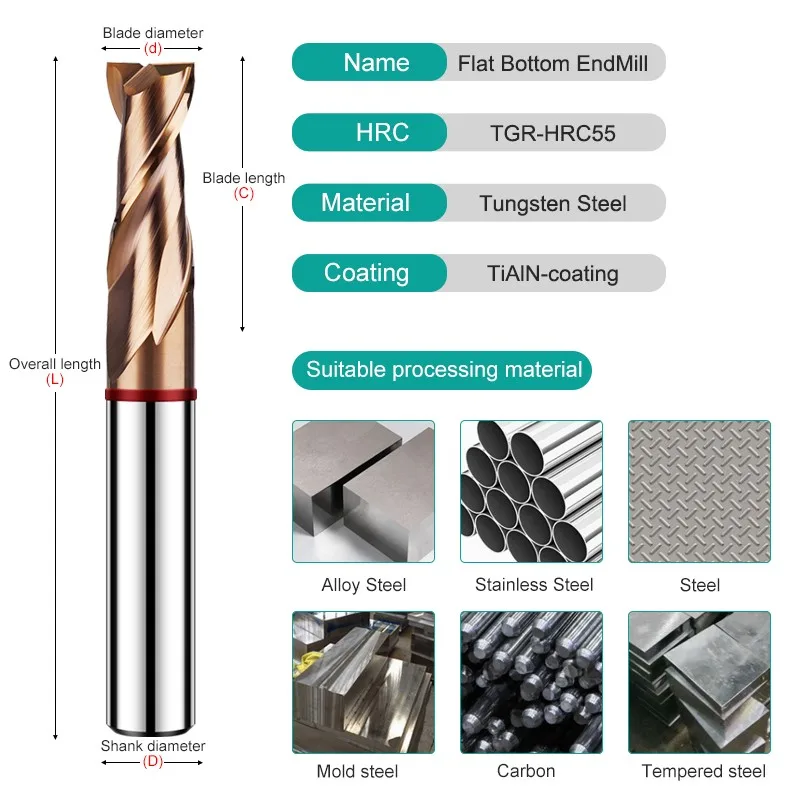 YIFINO TGR-HRC55 2F Color Circle Flat End Mill Tungsten Steel Carbide Nano Coating Milling Cutter CNC Machining Endmills Tools