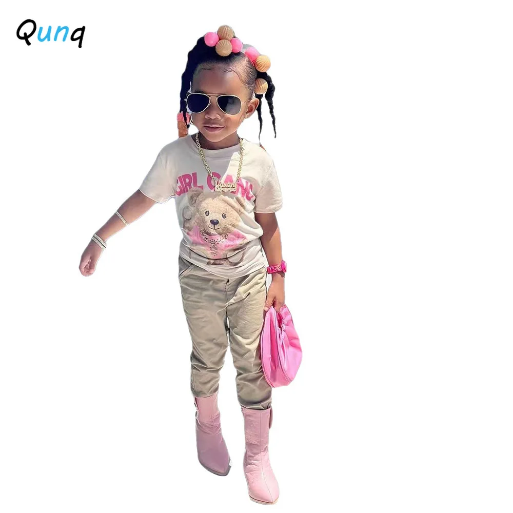 Qunq 2023 Summer New Girls Fashion O Neck Print Short Sleeve Pullover Top + Pants 2 Pieces Set Casual Kids Clothes Age 3T-8T