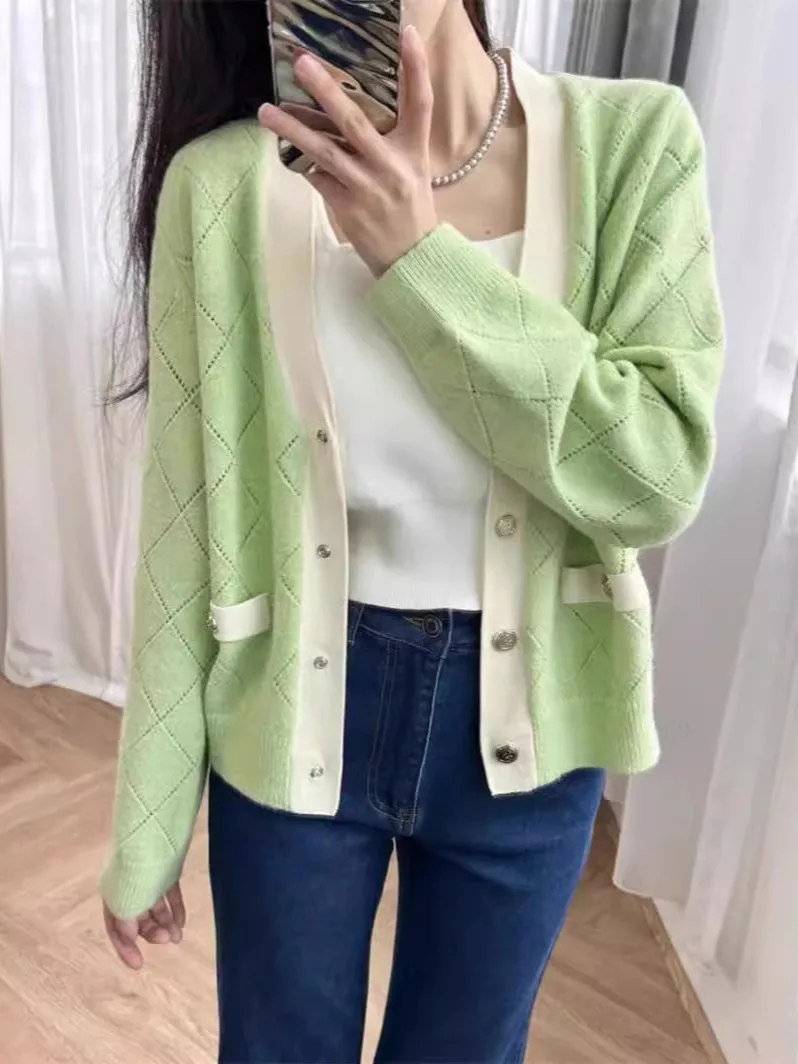 Women Green Cardigan Plaid Hollow Out V-Neck Single Breasted Long Sleeve Casual Spring 2024 Knitted Sweater