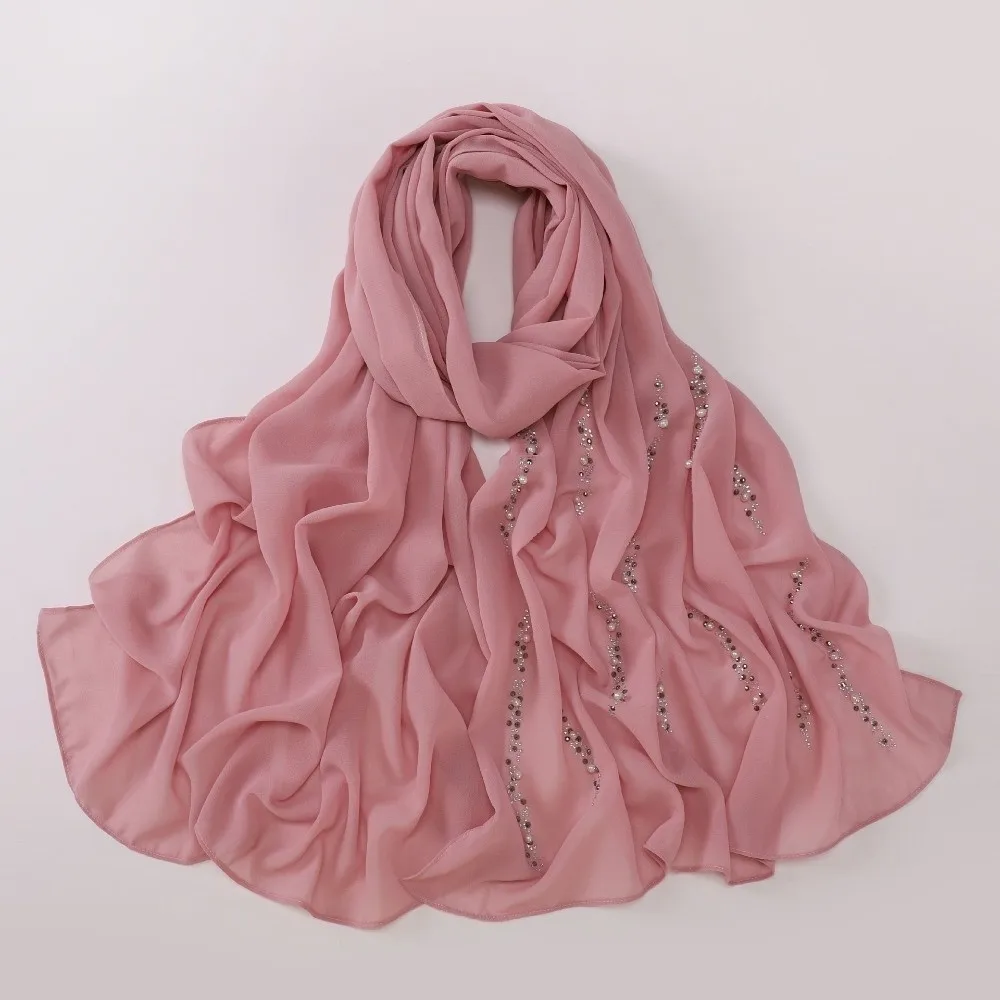 Rhinestone Imitation Pearl Chiffon Hijab Shimmer Beads Lightweight Malaysia Shawl Scarf Elegant Breathable Soft Head Wrap Party
