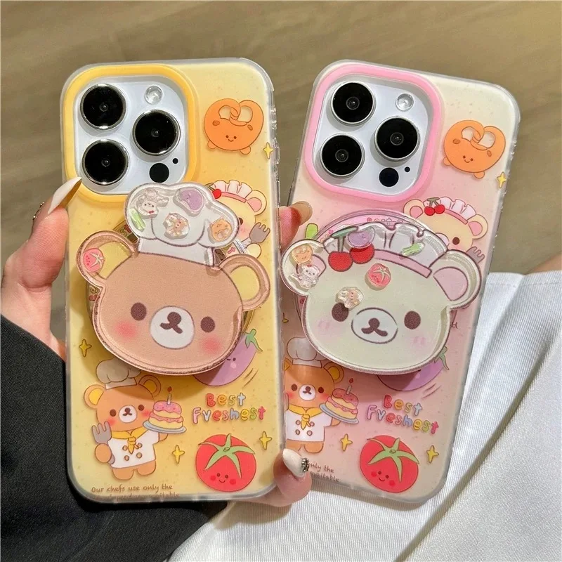 Korea Cute Vegetable Chef Bear Magsafe Wireless Charge Case For iPhone 13 14 15 16Pro Max Funny Bear Shake Fruit Magnetic Stand