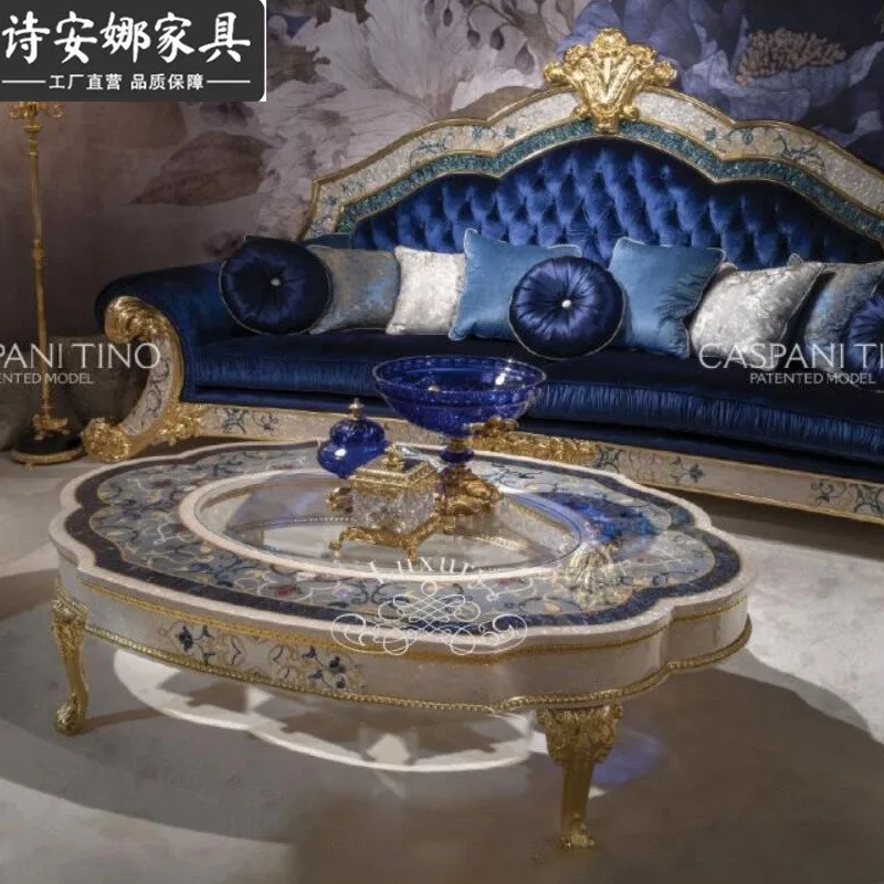 French Italian European solid wood carving flower coffee table large apartment living room shell inlaid parquet tea table coffee