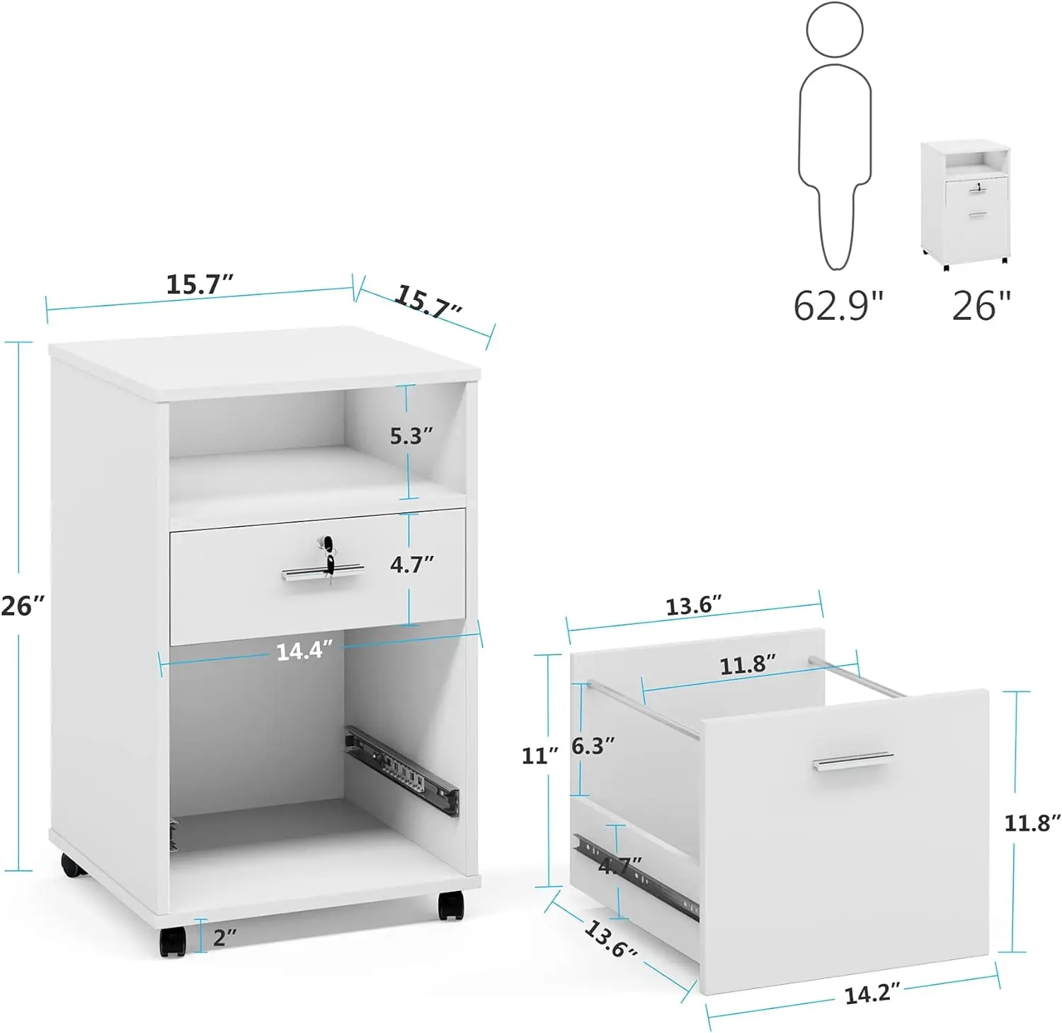 2Drawer Mobile File Cabinet w/ Lock, Wood Modern Filing Cabinet for Letter Size, Printer Stand with Rolling Wheels&Storage Shelf