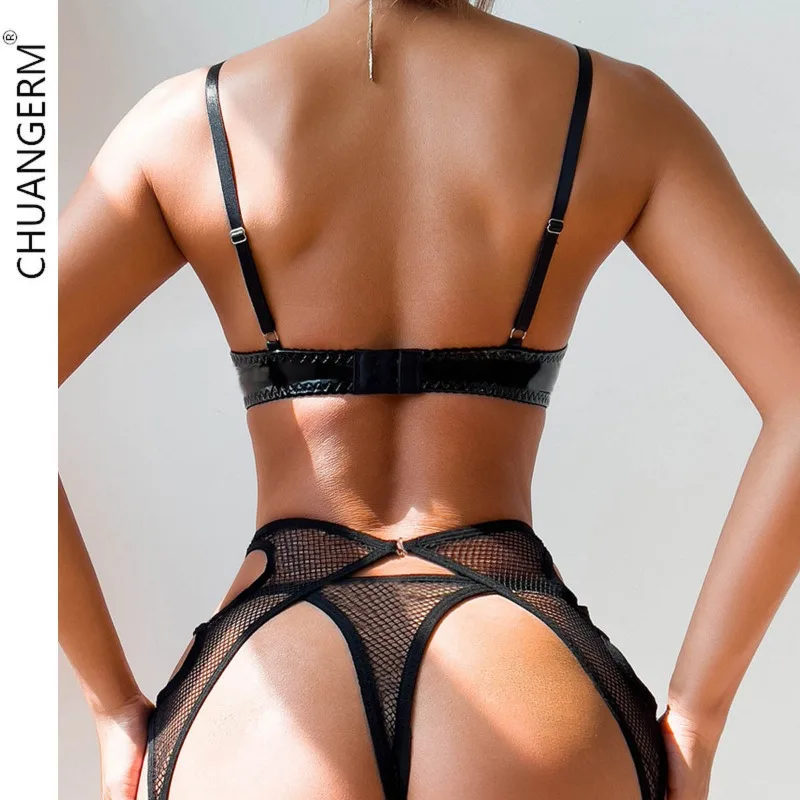 CHUANGERM Sexy Lingerie Sexy Lace Garter belt Fluoroscopy Sheer Light sexy lingerie set see-through mesh metal buckle erotic image 5