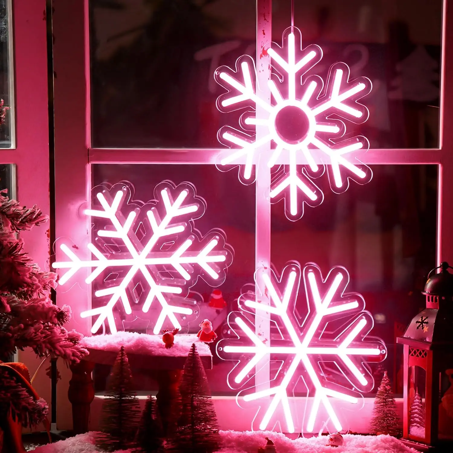 3 Pcs Pink Christmas Snowflake Neon Sign Snowflake LED Light Wall Window Decor Decoration Winter Party Home Office Art Bar Club