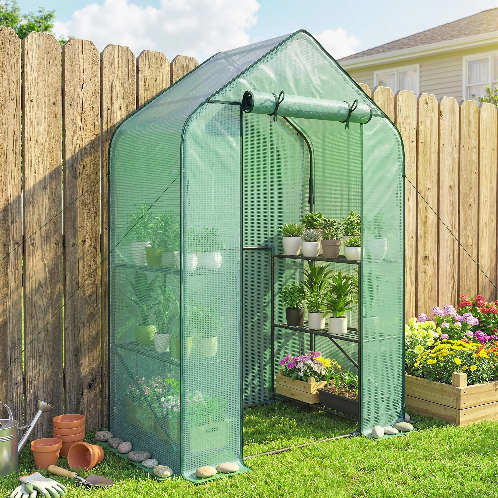 Greenhouse for Outdoors, Portable Greenhouse with 6 Shelves, UV-Resistant PE Cover, Roll-Up Door, Green