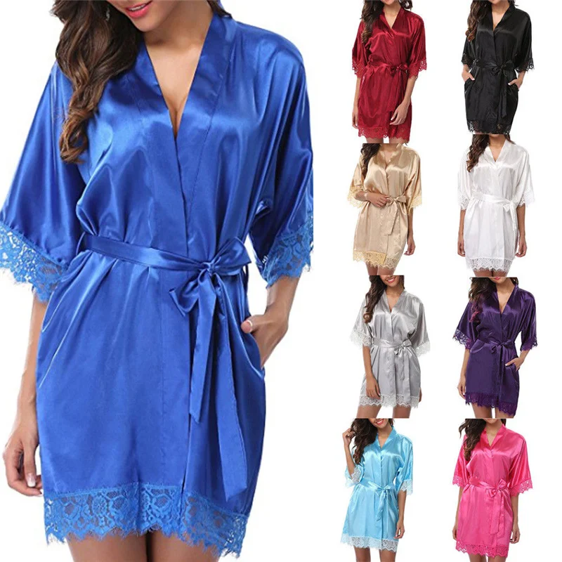 Women Sexy Robes Silk Satin Poplin Lace Robes Ladies Wedding Bridesmaid Bride Gown Kimono Solid Robe Bathrobe Sleepwear