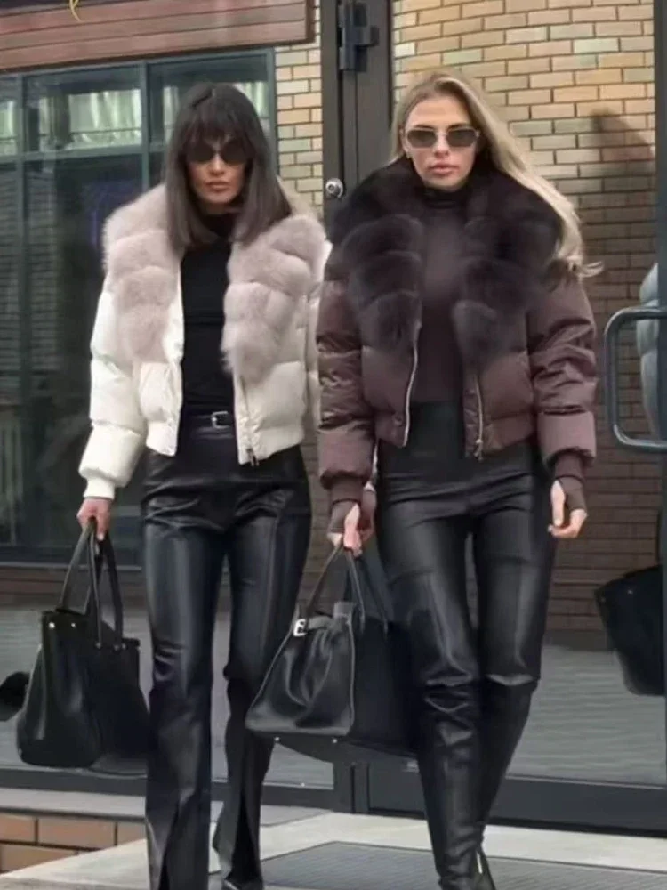 الطبيعية الثعلب الفراء طوق دافئ 2025 جديد الخريف الشتاء أوزة أسفل معطف الإناث سميكة سترة منفوخة سحابات الواقع الفراء سترة النساء #2