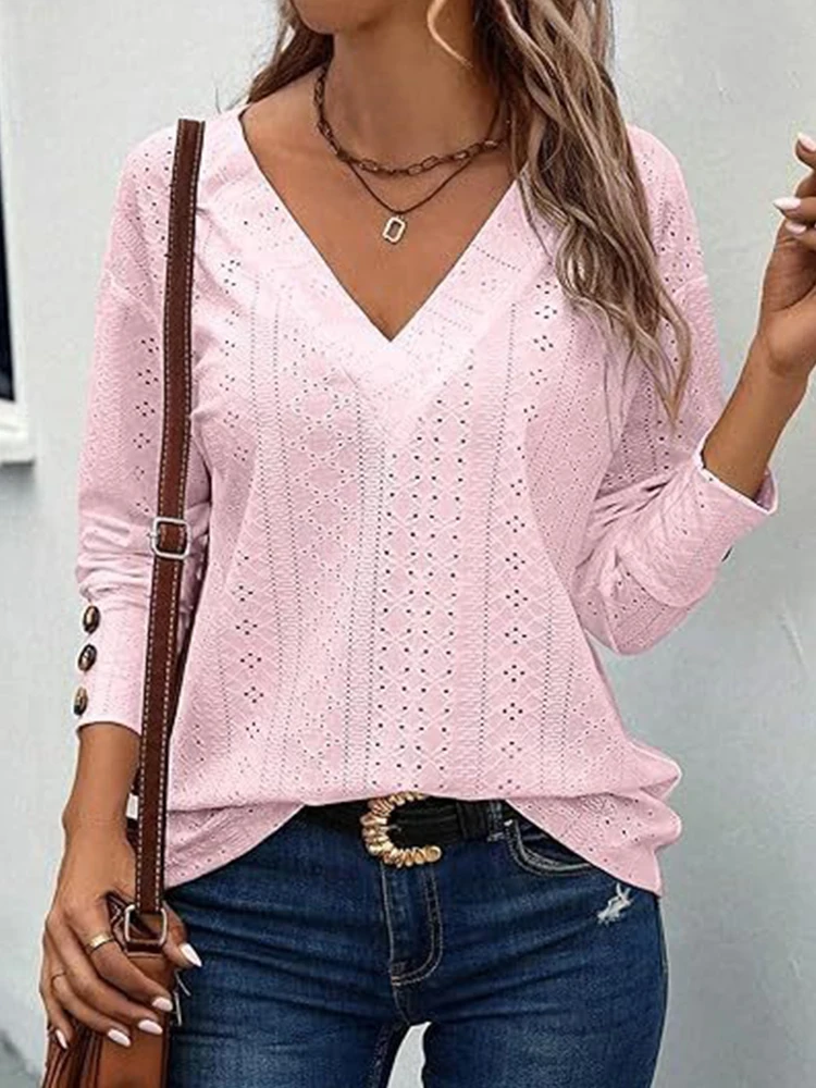 2024 Women Long Sleeve Hollow Out Shirts Cool V-neck Lace Ladies Pullovers Female Loose-fitting Solid Color Elegant Jumpers