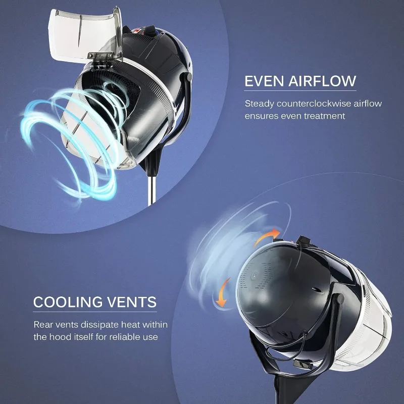 مجفف شعر احترافي بارتفاع قابل للتعديل وغطاء للرأس، مجفف شعر بونيه، قاعدة دوارة قائمة على الأرض مع عجلات