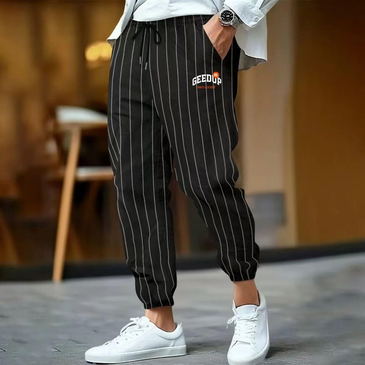 Męskie spodnie dresowe w paski z lnu, luźne, oddychające, modne, sportowe, w nowym stylu na co dzień, proste i uniwersalne, 2025.