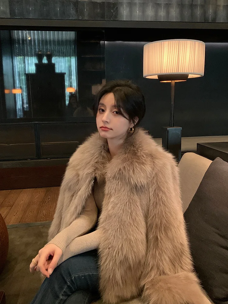 Women Faux Fox Fur Coats Solid Short Jackets Long Sleeves Turn Down Collar Open Stitch Loose Elegant Casual 2026 Autumn Winter