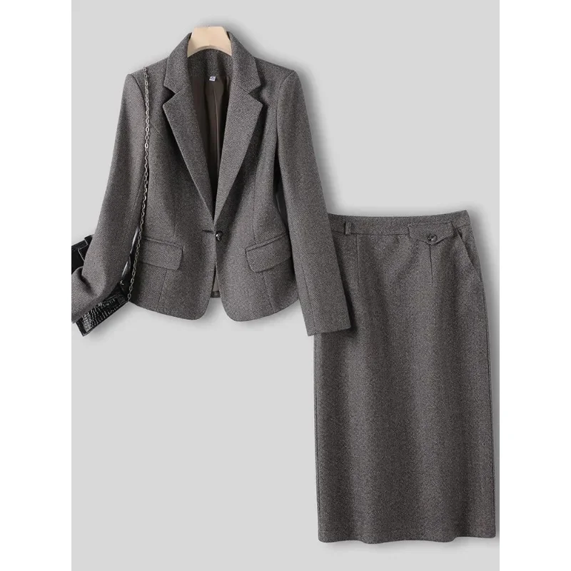 Chaqueta Formal de alta calidad para mujer, traje de falda para mujer, gris, rosa, café, manga larga, conjunto de dos piezas para mujer, Blazer para Otoño e Invierno