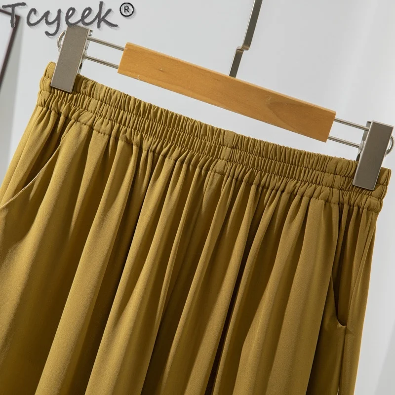 Tcyeek 100% Mulberry Silk Pants Women Clothing Casual Long Pants Wide Leg Pants Women Summer Trousers 2024 Pantalones De Mujer