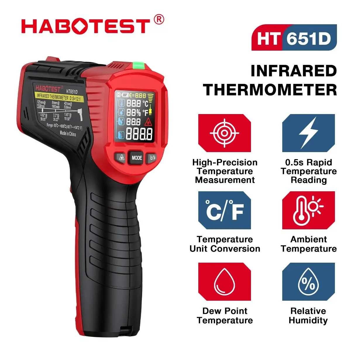 HABOTEST HT651D Digital Infrared Thermometer Non‑Contact Temperature Gun Humidity Dew Point ℃ ℉ Switch Industrial Measuring Tool