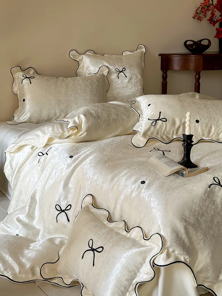  Cotton Long Velvet Princess Style Bedding Set with  Knot And Polka Dot Design Four Piece Bed Linen Collection