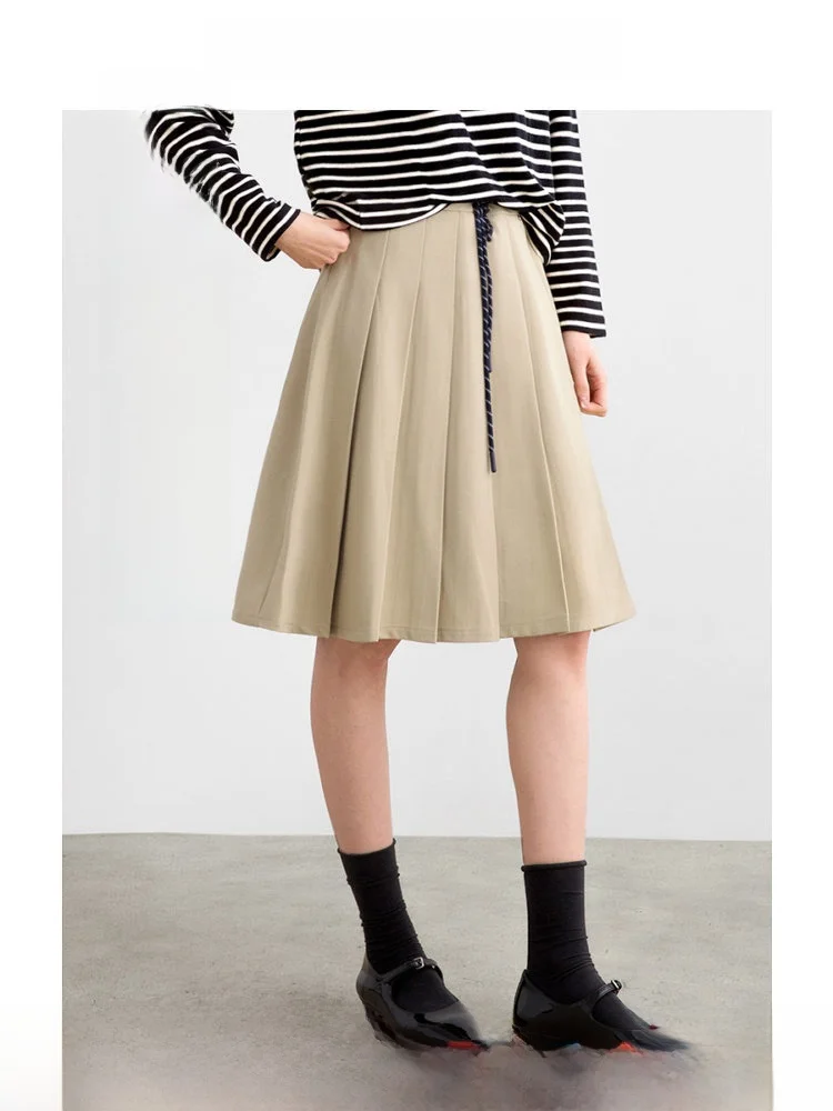 

ROCO Spring New Academy Sle A-Line High Waist Slimming Dstring Design Pleated Skirt Versatile Women's Skirt