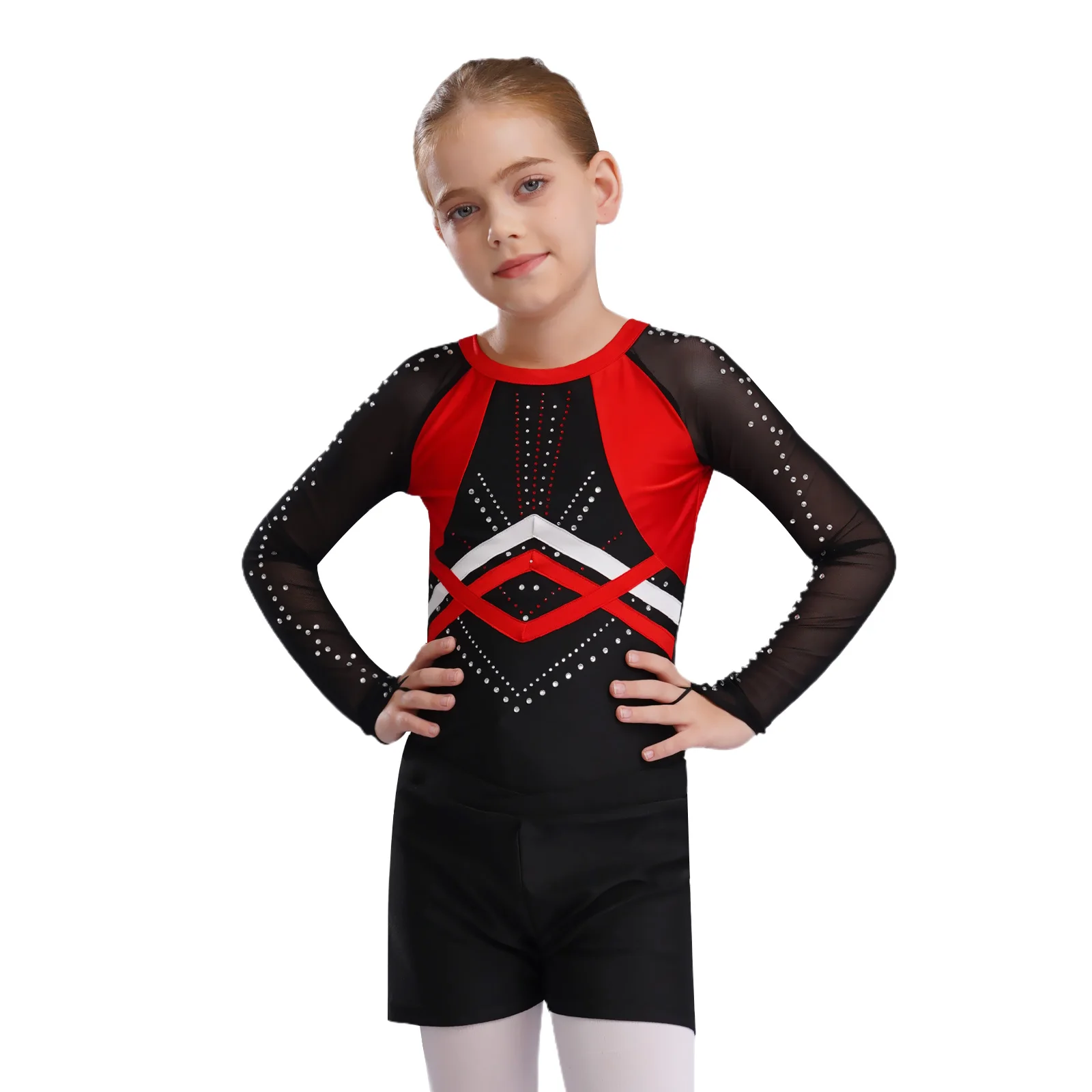 Set da allenamento per ginnastica per balletto per bambina, completo sportivo, body in rete trasparente a maniche lunghe con strass, con pantaloncini e copricapo