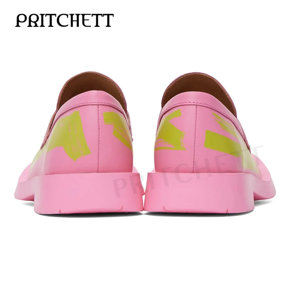 Pink Color Block Loafers Round Toe Square Root Slip-On Leather Casual Shoes Large Size Comfortable and Fashionable Men's Shoes