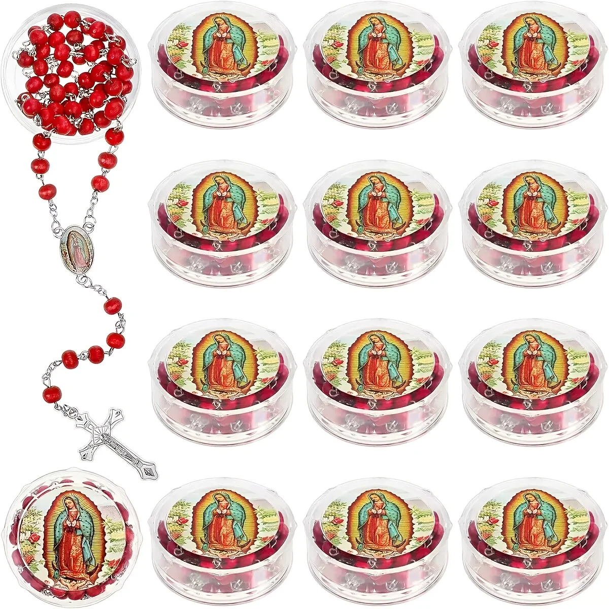 5/10/12/20 Sets Unsere Liebe Frau von Guadalupe Rosenkranz-Geschenke im Großhandel, Rosenkranz mit roten Holzperlen und transparenter Box für Taufe und Erstkommunion – Detail 1