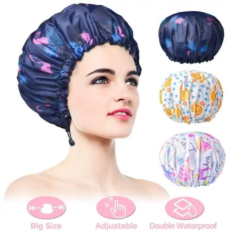 3 Pack Extra Large Double Layer Adjustable Shower Caps , Waterproof Exterior Lining, Oversized Design for All Hair Lengths