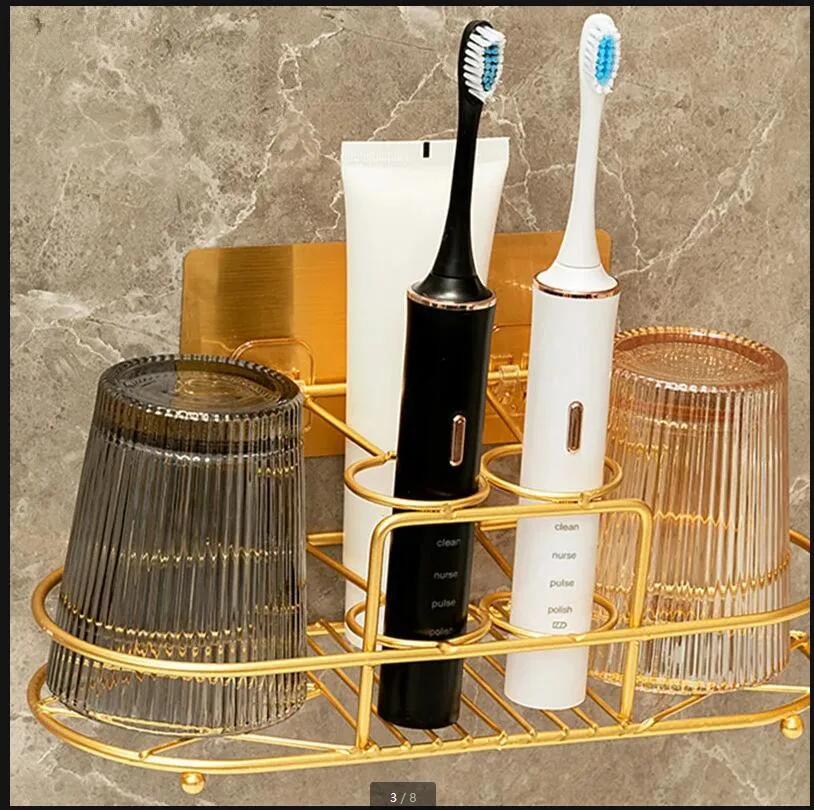 

Glass Mouth Cup Set Wall Mount Metal Shelf Bathroom Toothbrush Storage Rack Home Couple Accessories