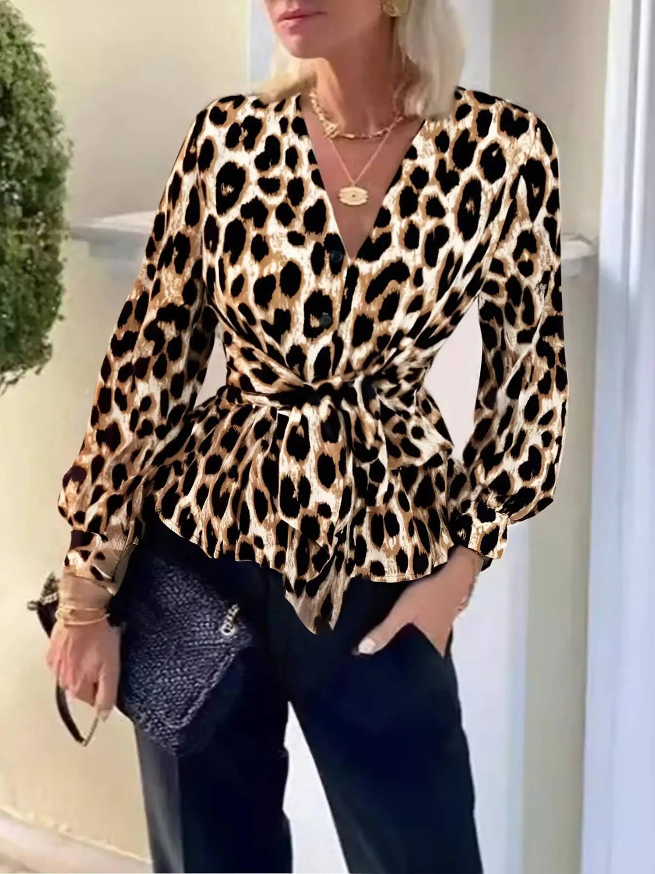 

Spring Summer Women's Blouse Leopard Print V Neck Long Sleeve Waist Tie Ruffled Hem Slim Trendy Daily Casual Dating Top