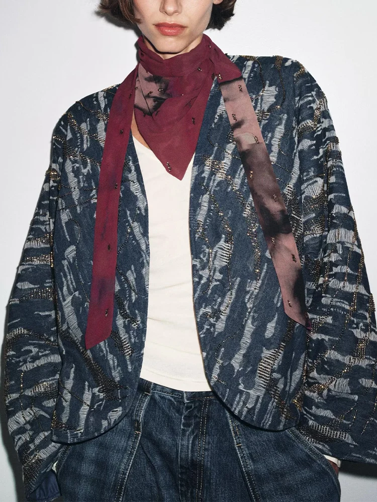 

Осенний новый женский модный универсальный тренд в европейском и американском стиле, джинсовый кардиган с v-образным вырезом и v-образным вырезом, верхняя одежда