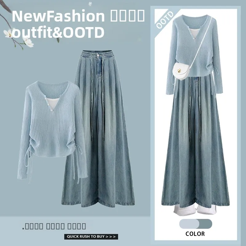 

Комплект из двух предметов в корейском стиле для женщин больших размеров: джинсы прямого кроя и топ, модный дизайн с эффектом стройности.