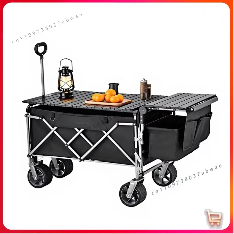 Wilderness Camping Cart Push-pull One-piece Outdoor Picnic Stall Foldable 600D Oxford Cloth Universal Wheels Longer Black/Silver